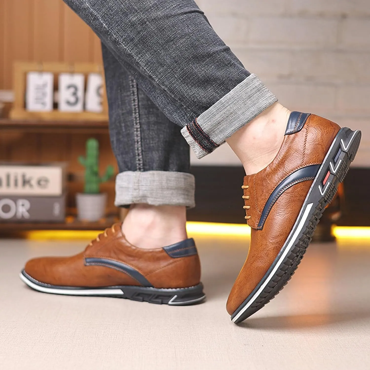 Men's Fashion Leather Lightweight Lace-up Orthopedic Derby Shoes Business Comfortable Soft Sole Slip Resistant Casual Walking Leather Shoes