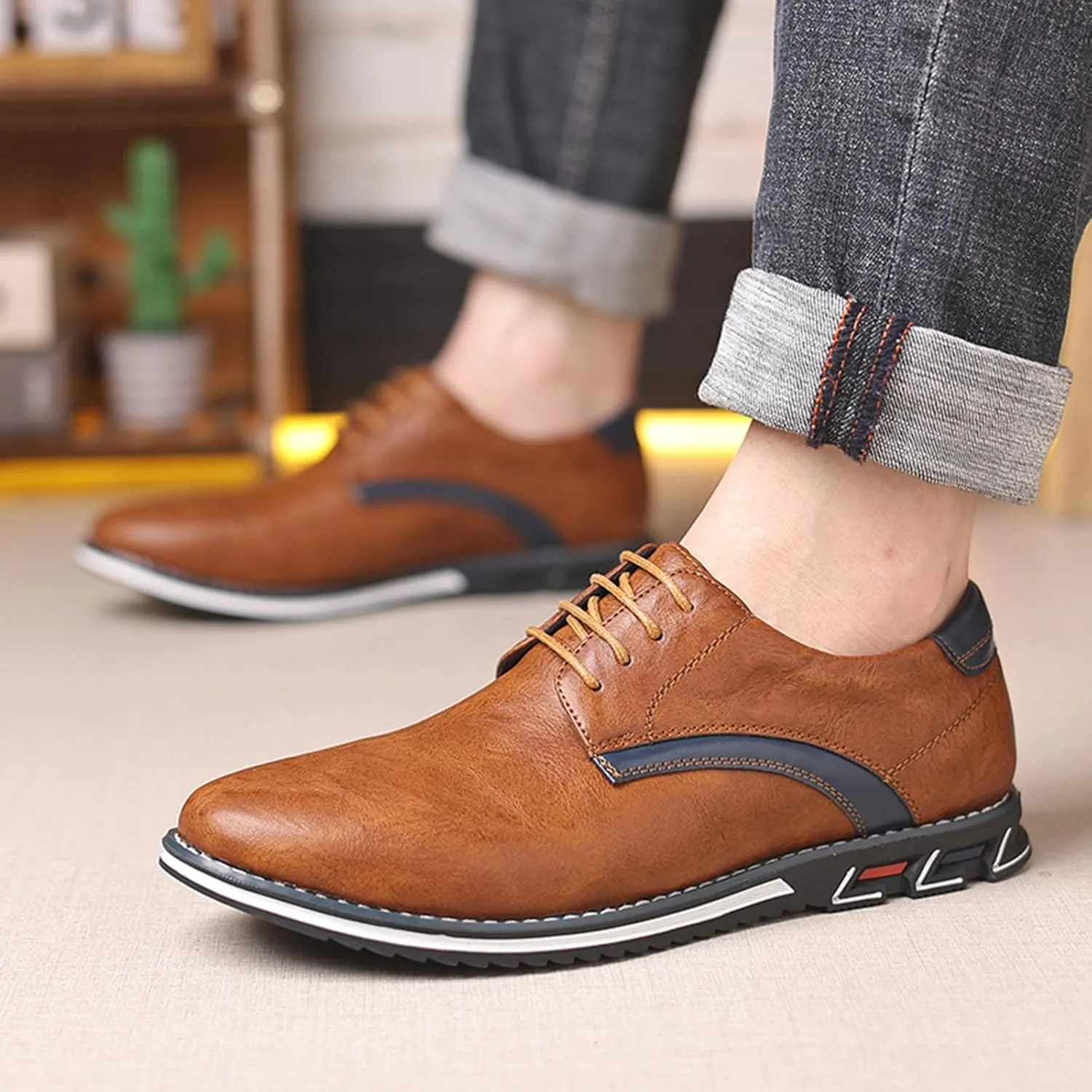 Men's Fashion Leather Lightweight Lace-up Orthopedic Derby Shoes Business Comfortable Soft Sole Slip Resistant Casual Walking Leather Shoes