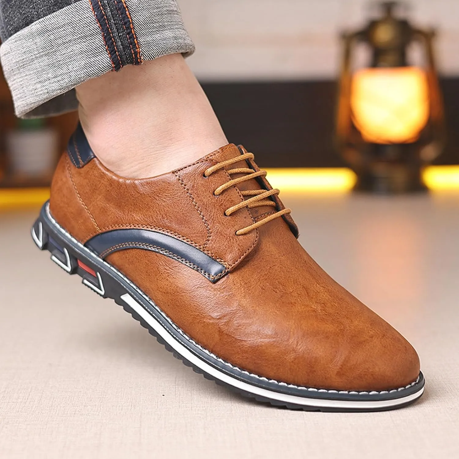 Men's Fashion Leather Lightweight Lace-up Orthopedic Derby Shoes Business Comfortable Soft Sole Slip Resistant Casual Walking Leather Shoes
