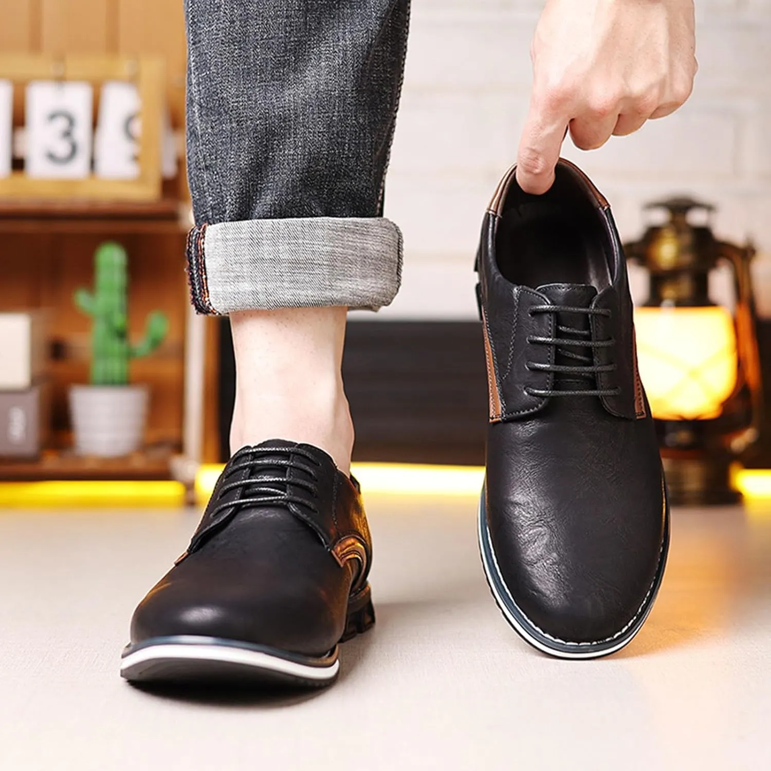 Men's Fashion Leather Lightweight Lace-up Orthopedic Derby Shoes Business Comfortable Soft Sole Slip Resistant Casual Walking Leather Shoes