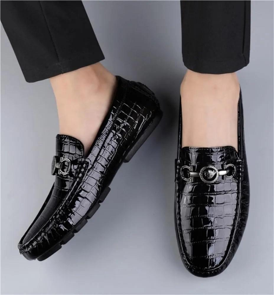 Mens Faux Crocodile Leather Loafers Slip On Wedding Shoes Comfortable Anti Slip Round Toe Embossed Dress Casual Formal