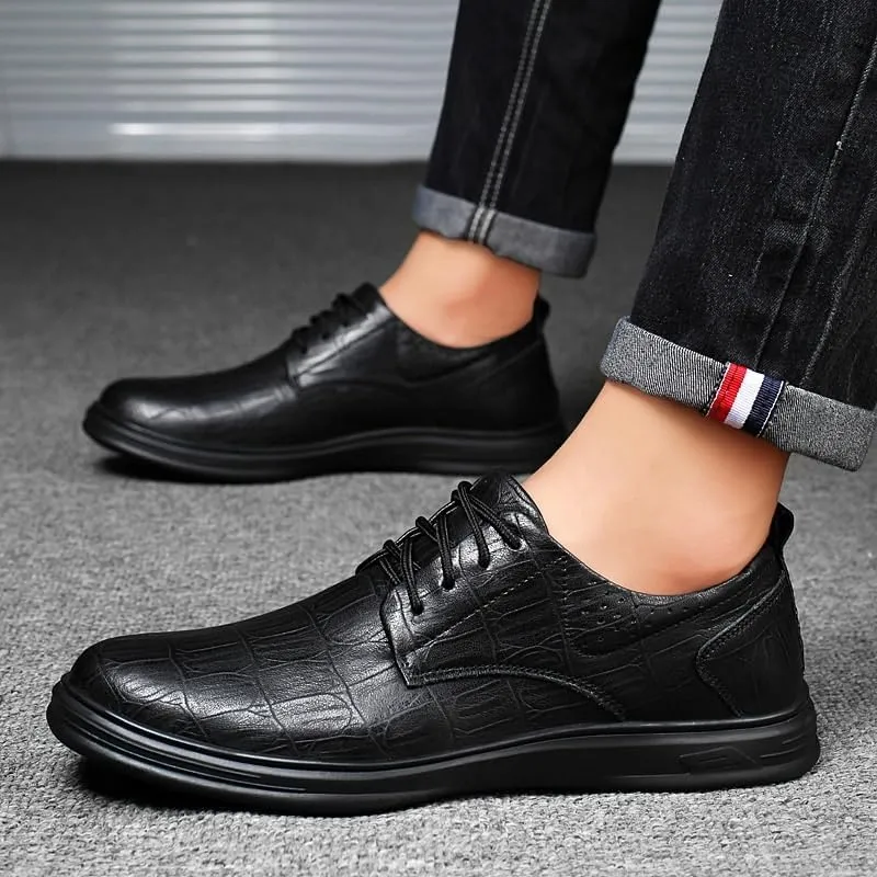 Men's Genuine Leather Oxford Shoes - Breathable Wingtip Brogue Dress Shoes with Chunky Heel for Business, Prom, and Casual Wear