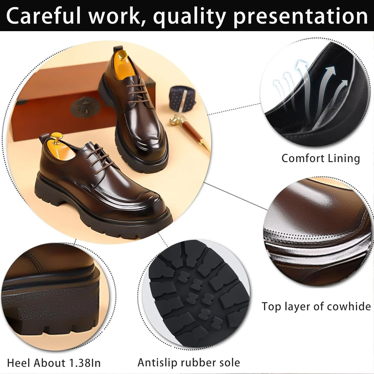 Men's Genuine Leather Platform Oxfords Fashion Round Toe Lace Up Chunky Heel Non-Slip Lug Sole Soft Bottom Business Formal Derby Dress Shoes for Wedding Work Office