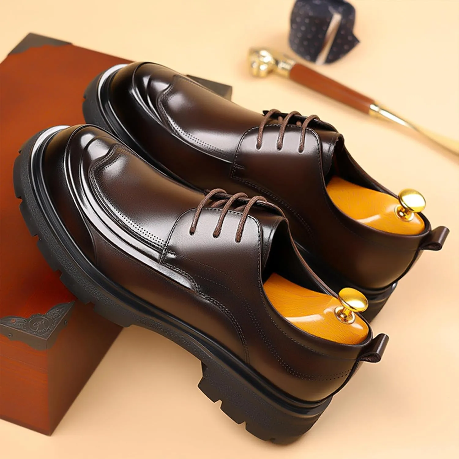 Men's Genuine Leather Platform Oxfords Fashion Round Toe Lace Up Chunky Heel Non-Slip Lug Sole Soft Bottom Business Formal Derby Dress Shoes for Wedding Work Office