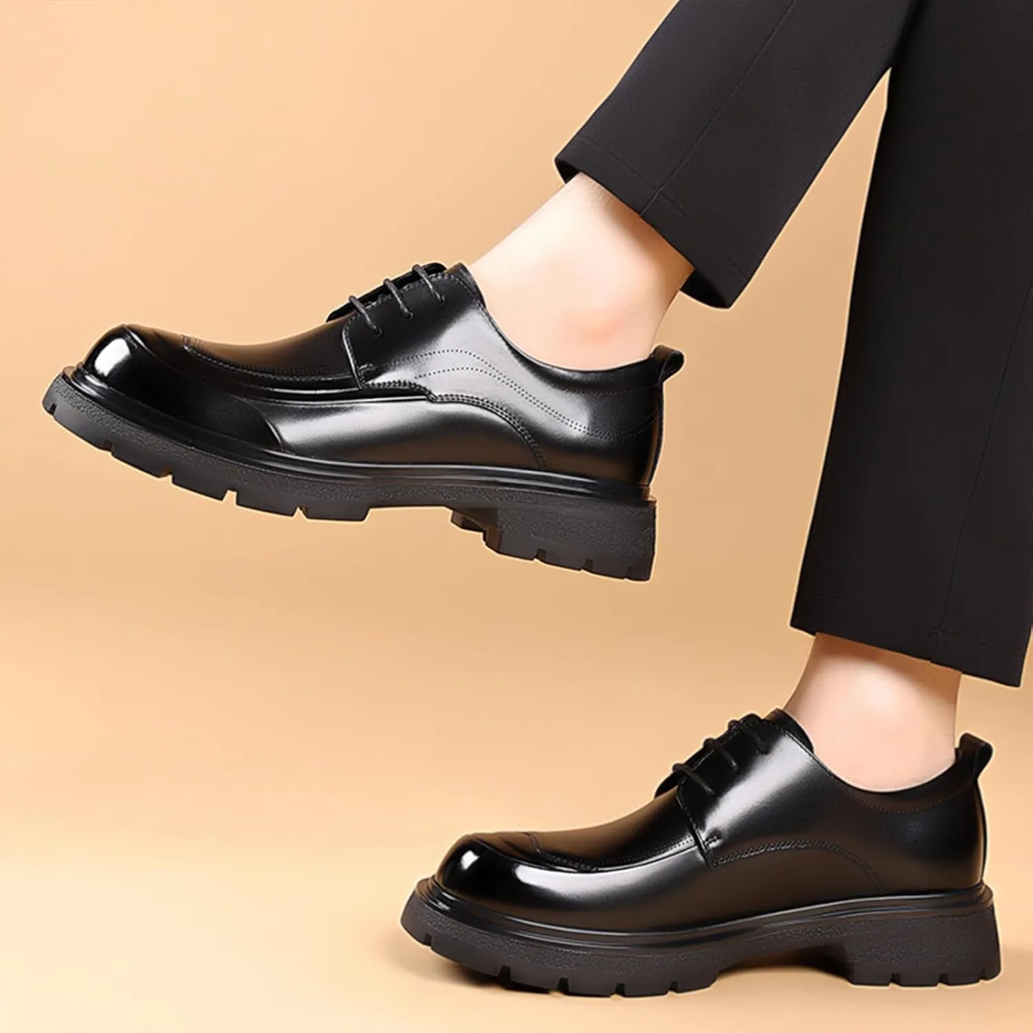 Men's Genuine Leather Platform Oxfords Fashion Round Toe Lace Up Chunky Heel Non-Slip Lug Sole Soft Bottom Business Formal Derby Dress Shoes for Wedding Work Office