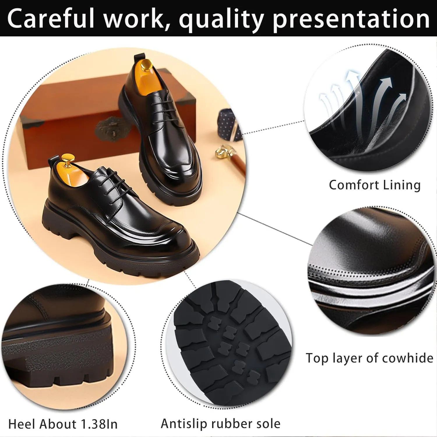 Men's Genuine Leather Platform Oxfords Fashion Round Toe Lace Up Chunky Heel Non-Slip Lug Sole Soft Bottom Business Formal Derby Dress Shoes for Wedding Work Office