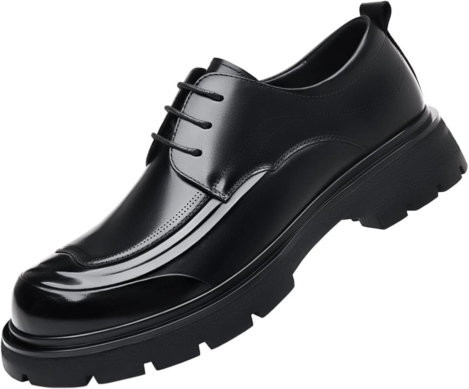 Men's Genuine Leather Platform Oxfords Fashion Round Toe Lace Up Chunky Heel Non-Slip Lug Sole Soft Bottom Business Formal Derby Dress Shoes for Wedding Work Office