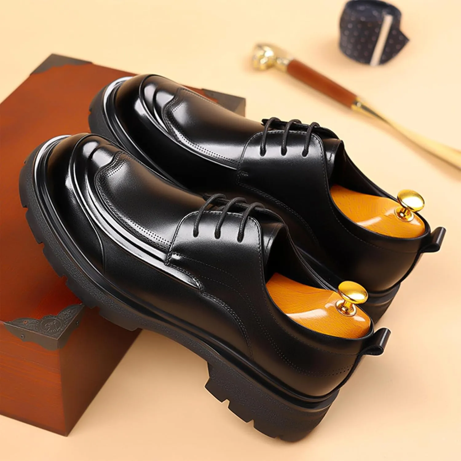 Men's Genuine Leather Platform Oxfords Fashion Round Toe Lace Up Chunky Heel Non-Slip Lug Sole Soft Bottom Business Formal Derby Dress Shoes for Wedding Work Office