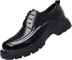 Men's Genuine Leather Platform Oxfords Fashion Round Toe Lace Up Chunky Heel Non-Slip Lug Sole Soft Bottom Business Formal Derby Dress Shoes for Wedding Work Office