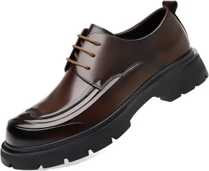 Men's Genuine Leather Platform Oxfords Fashion Round Toe Lace Up Chunky Heel Non-Slip Lug Sole Soft Bottom Business Formal Derby Dress Shoes for Wedding Work Office