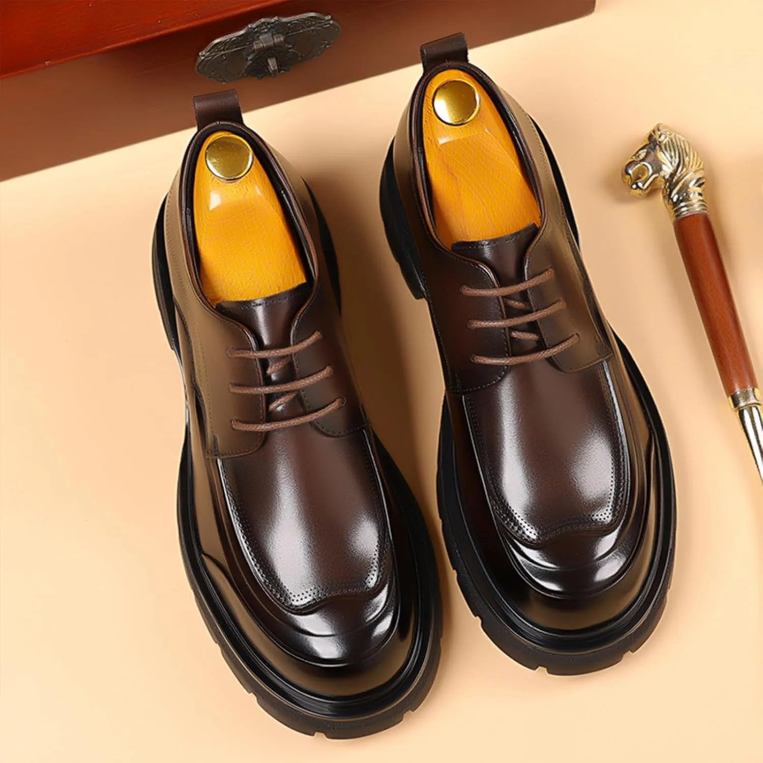 Men's Genuine Leather Platform Oxfords Fashion Round Toe Lace Up Chunky Heel Non-Slip Lug Sole Soft Bottom Business Formal Derby Dress Shoes for Wedding Work Office
