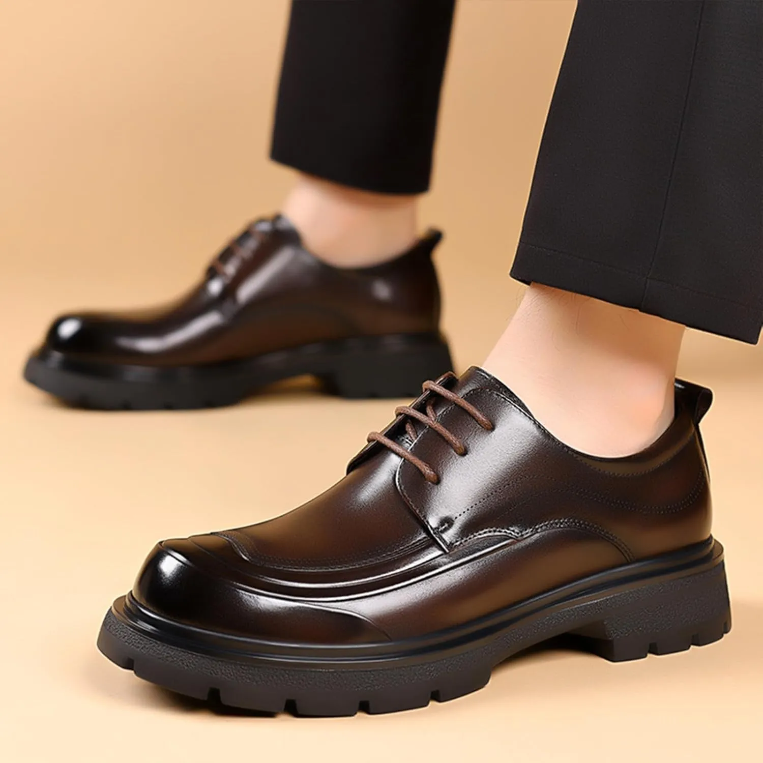 Men's Genuine Leather Platform Oxfords Fashion Round Toe Lace Up Chunky Heel Non-Slip Lug Sole Soft Bottom Business Formal Derby Dress Shoes for Wedding Work Office