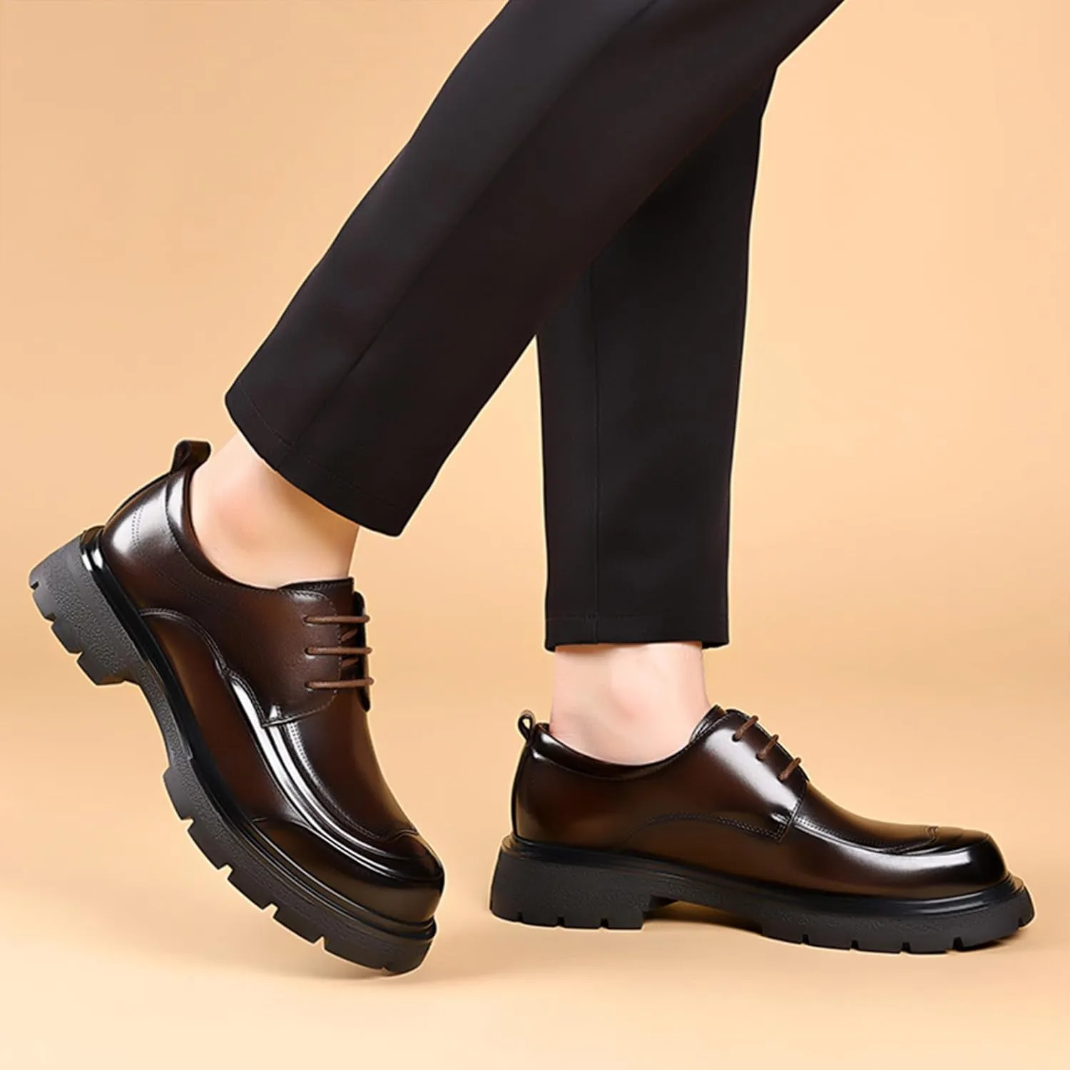 Men's Genuine Leather Platform Oxfords Fashion Round Toe Lace Up Chunky Heel Non-Slip Lug Sole Soft Bottom Business Formal Derby Dress Shoes for Wedding Work Office