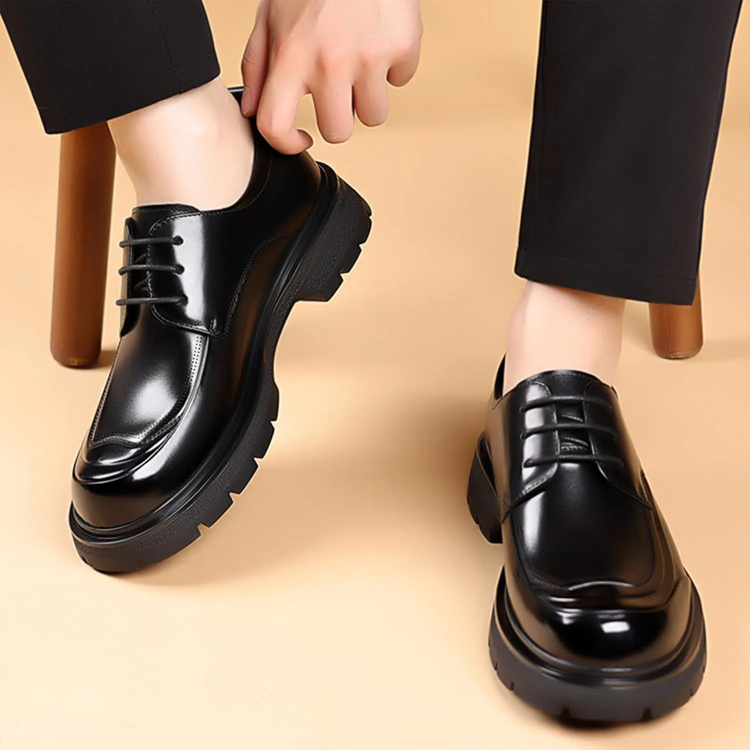 Men's Genuine Leather Platform Oxfords Fashion Round Toe Lace Up Chunky Heel Non-Slip Lug Sole Soft Bottom Business Formal Derby Dress Shoes for Wedding Work Office