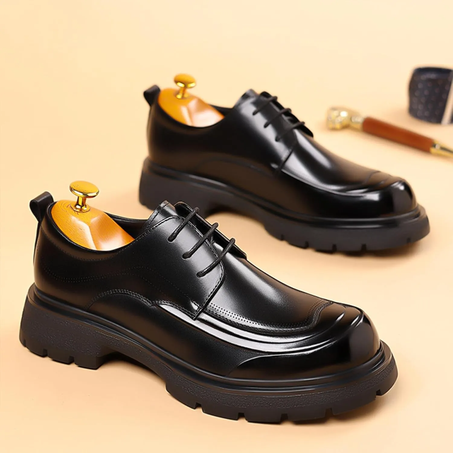 Men's Genuine Leather Platform Oxfords Fashion Round Toe Lace Up Chunky Heel Non-Slip Lug Sole Soft Bottom Business Formal Derby Dress Shoes for Wedding Work Office