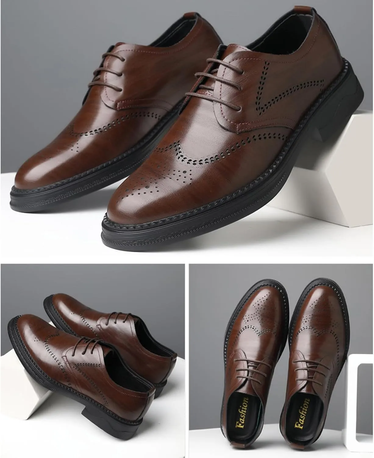 Men's Genuine Leather Wingtip Brogue Oxfords Shoes Fashion Classic Round-Toe Lace Up Low Top Dress Shoes Casual Business Formal Derby Shoes