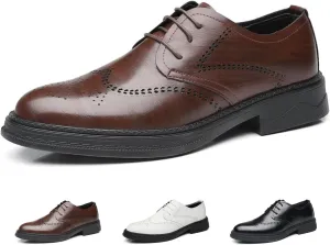 Men's Genuine Leather Wingtip Brogue Oxfords Shoes Fashion Classic Round-Toe Lace Up Low Top Dress Shoes Casual Business Formal Derby Shoes