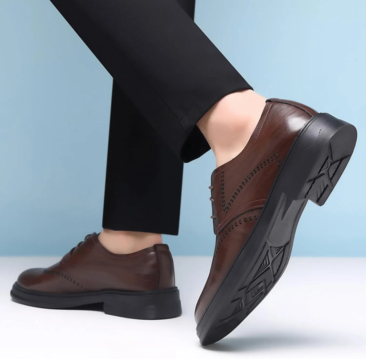Men's Genuine Leather Wingtip Brogue Oxfords Shoes Fashion Classic Round-Toe Lace Up Low Top Dress Shoes Casual Business Formal Derby Shoes