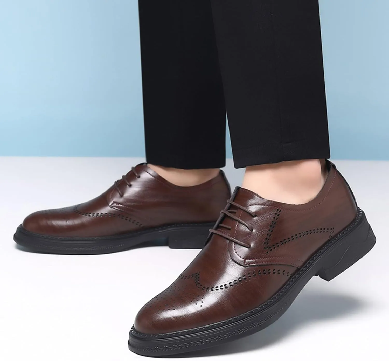 Men's Genuine Leather Wingtip Brogue Oxfords Shoes Fashion Classic Round-Toe Lace Up Low Top Dress Shoes Casual Business Formal Derby Shoes