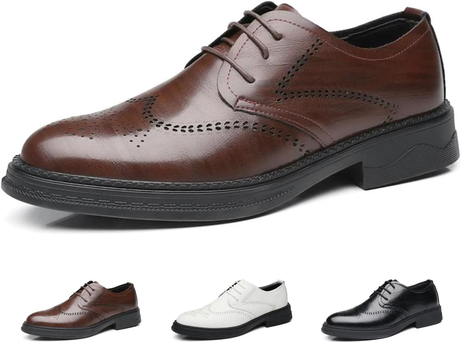 Men's Genuine Leather Wingtip Brogue Oxfords Shoes Fashion Classic Round-Toe Lace Up Low Top Dress Shoes Casual Business Formal Derby Shoes