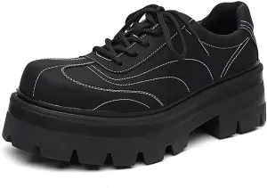 Men's Leather Chunky Platform Oxford Shoes Casual Round Toe Hand Stitched Lug Sole Non-Slip Thin Strap Dress Derby Shoes Suitable for Business Work Party
