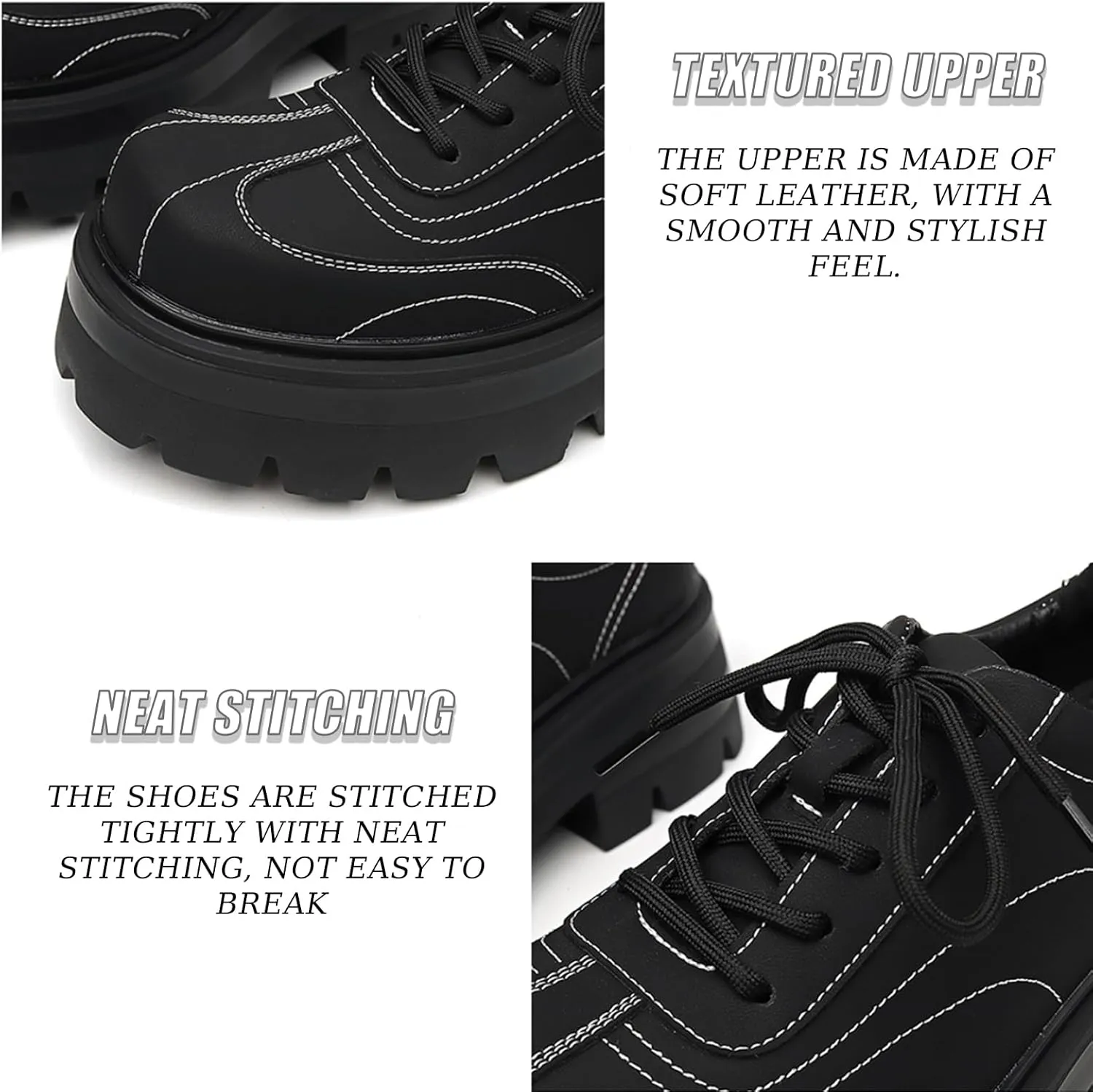 Men's Leather Chunky Platform Oxford Shoes Casual Round Toe Hand Stitched Lug Sole Non-Slip Thin Strap Dress Derby Shoes Suitable for Business Work Party