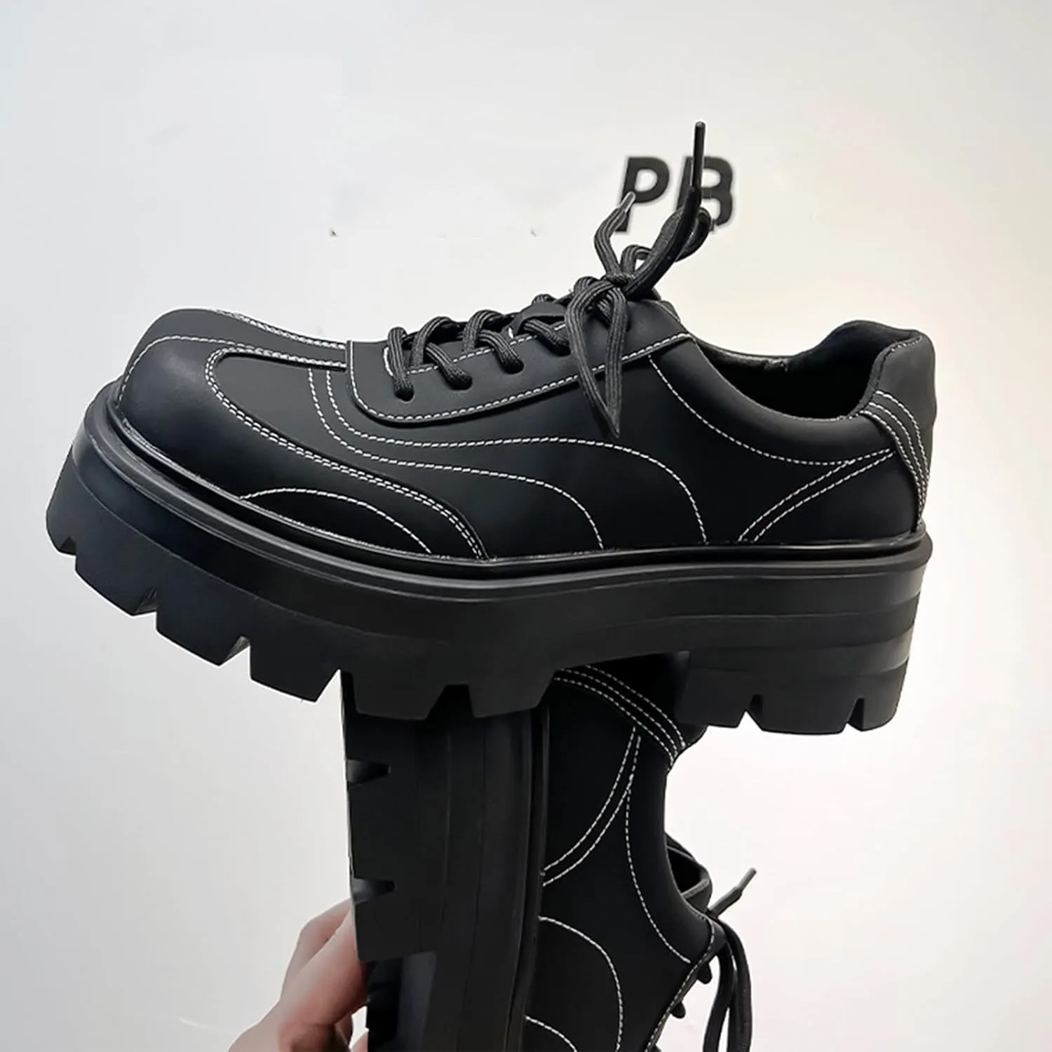 Men's Leather Chunky Platform Oxford Shoes Casual Round Toe Hand Stitched Lug Sole Non-Slip Thin Strap Dress Derby Shoes Suitable for Business Work Party