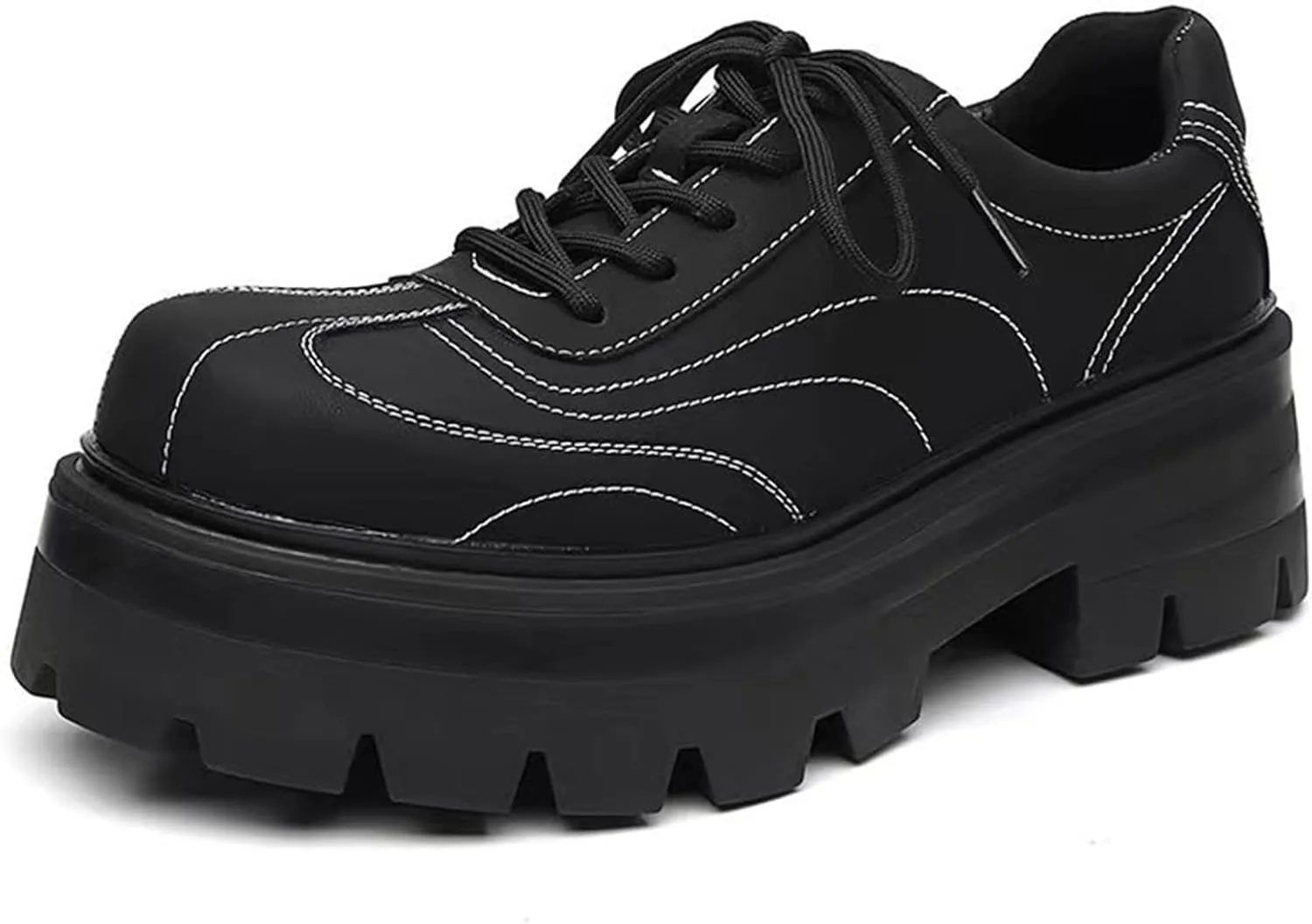 Men's Leather Chunky Platform Oxford Shoes Casual Round Toe Hand Stitched Lug Sole Non-Slip Thin Strap Dress Derby Shoes Suitable for Business Work Party