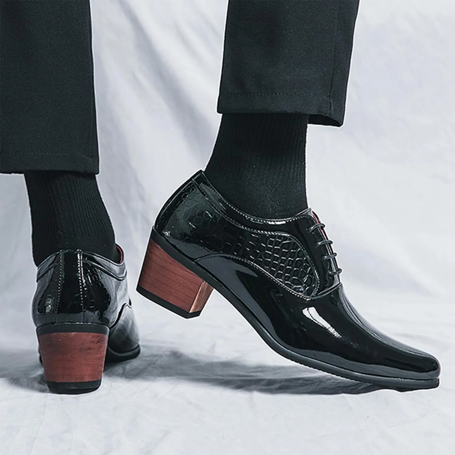 Men's Leather Derby Oxfords Shoes Classic Lace-up Low Top Pointed Toe Embossed Block High Heel Business Wedding Dress Shoes