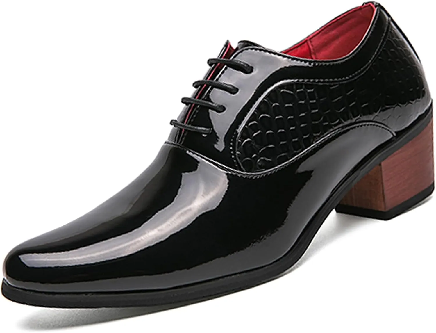 Men's Leather Derby Oxfords Shoes Classic Lace-up Low Top Pointed Toe Embossed Block High Heel Business Wedding Dress Shoes