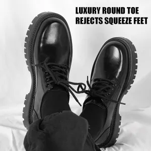 Men's Leather Platform Block Heel Oxfords Classic Round Toe Lace Up Lug Sole Soft Bottom Business Work Dress Shoes Non-Slip Heightening Derby Shoes