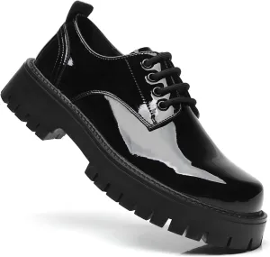 Men's Leather Platform Block Heel Oxfords Classic Round Toe Lace Up Lug Sole Soft Bottom Business Work Dress Shoes Non-Slip Heightening Derby Shoes