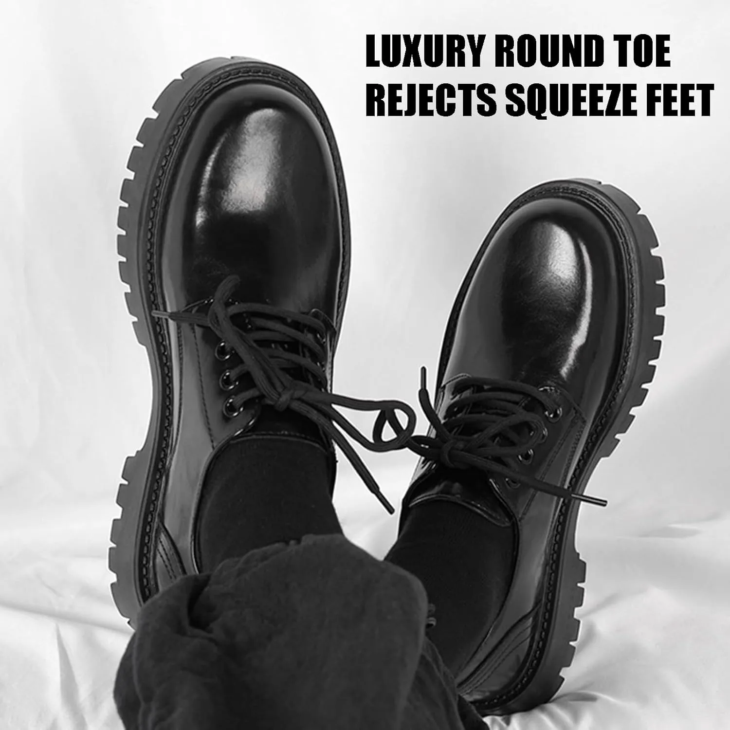 Men's Leather Platform Block Heel Oxfords Classic Round Toe Lace Up Lug Sole Soft Bottom Business Work Dress Shoes Non-Slip Heightening Derby Shoes