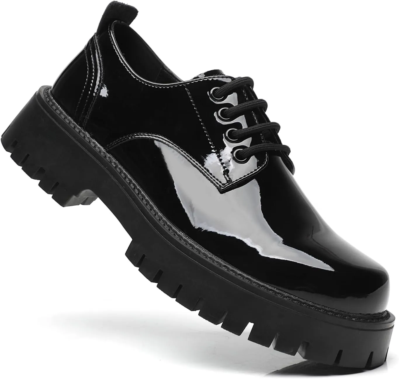 Men's Leather Platform Block Heel Oxfords Classic Round Toe Lace Up Lug Sole Soft Bottom Business Work Dress Shoes Non-Slip Heightening Derby Shoes