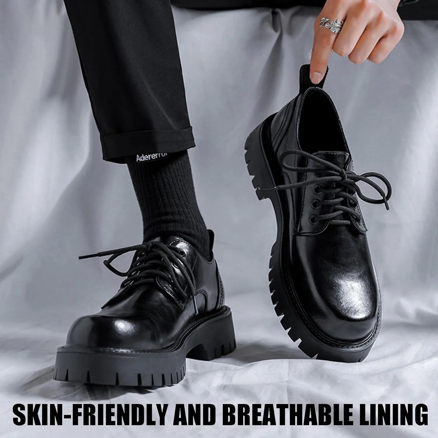 Men's Leather Platform Block Heel Oxfords Classic Round Toe Lace Up Lug Sole Soft Bottom Business Work Dress Shoes Non-Slip Heightening Derby Shoes