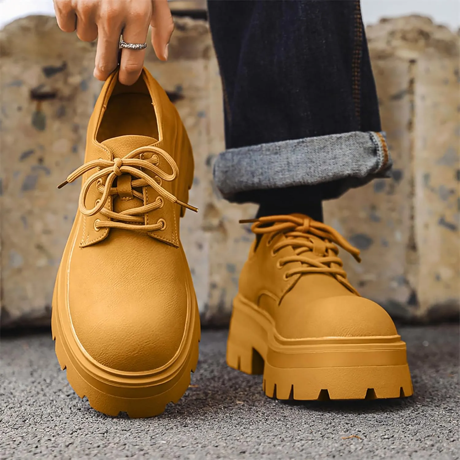 Men's Leather Platform Oxfords - Classic Round Toe Lace Up Dress Shoes -Comfort Non-Slip Lug Sole Chunky Heel Heightening Derby Shoes