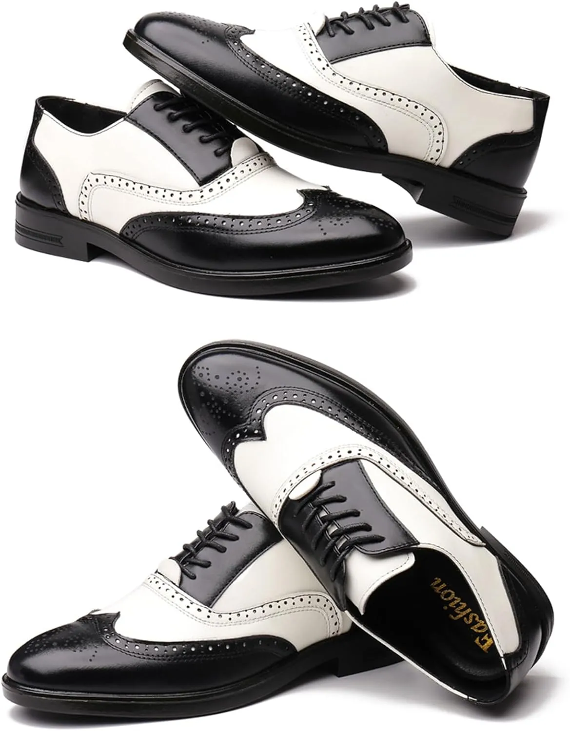 Men's Patchwork Two Tone Brogue Oxfords Shoes Fashion Hand Stitched Leather Dress Shoes Round-Toe Lace up Low Top Business Formal Derby Shoes