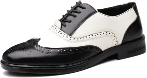 Men's Patchwork Two Tone Brogue Oxfords Shoes Fashion Hand Stitched Leather Dress Shoes Round-Toe Lace up Low Top Business Formal Derby Shoes