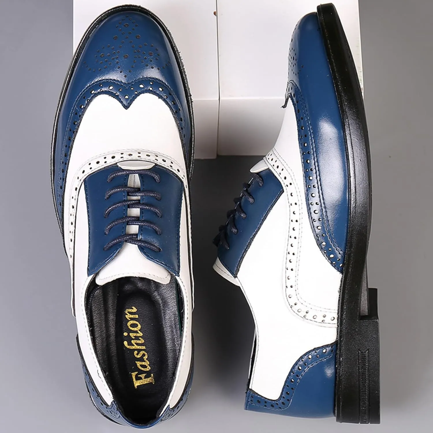 Men's Patchwork Two Tone Brogue Oxfords Shoes Fashion Hand Stitched Leather Dress Shoes Round-Toe Lace up Low Top Business Formal Derby Shoes
