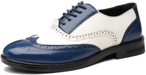 Men's Patchwork Two Tone Brogue Oxfords Shoes Fashion Hand Stitched Leather Dress Shoes Round-Toe Lace up Low Top Business Formal Derby Shoes