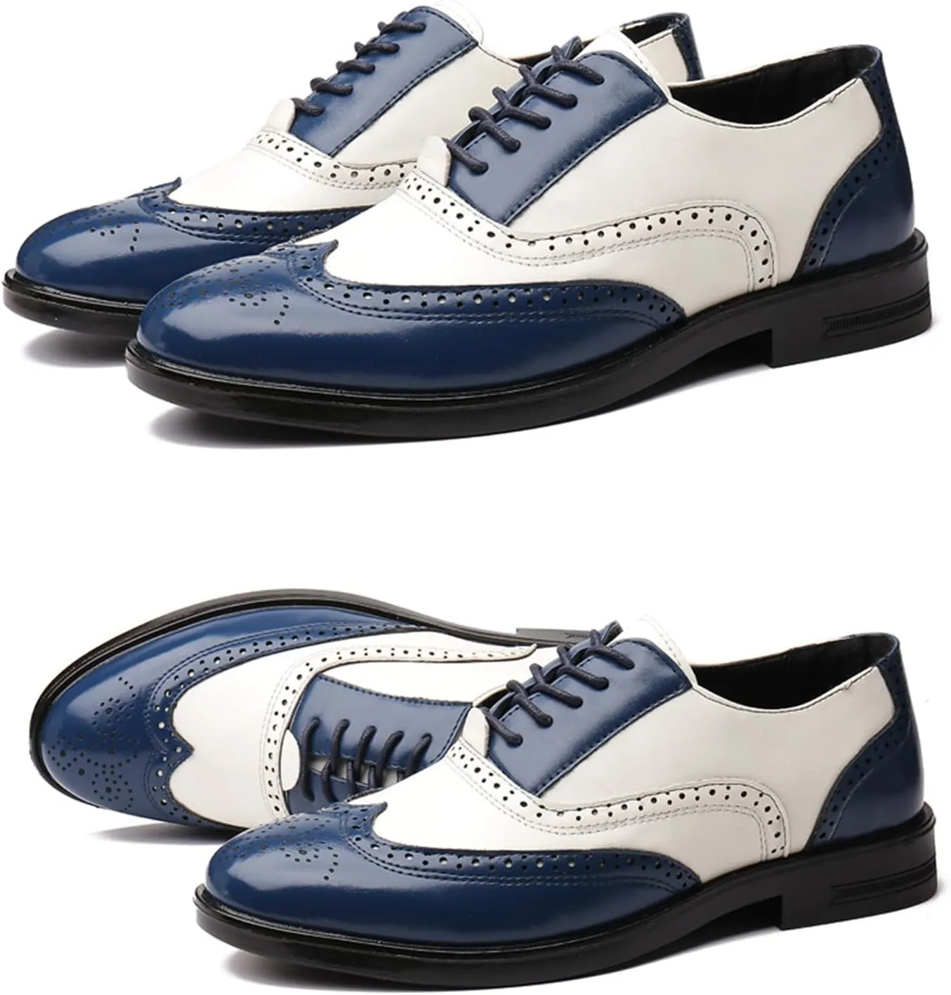 Men's Patchwork Two Tone Brogue Oxfords Shoes Fashion Hand Stitched Leather Dress Shoes Round-Toe Lace up Low Top Business Formal Derby Shoes