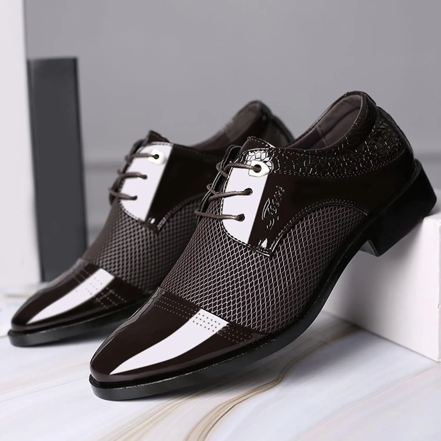 Men's Summer Dress Shoes with Breathable Mesh Casual Business Dress Shoes Summer Breathable Oxfords Men Lace Up Fashion Leather Shoe Comfortable Arch Support Walking Leather Derby Shoe