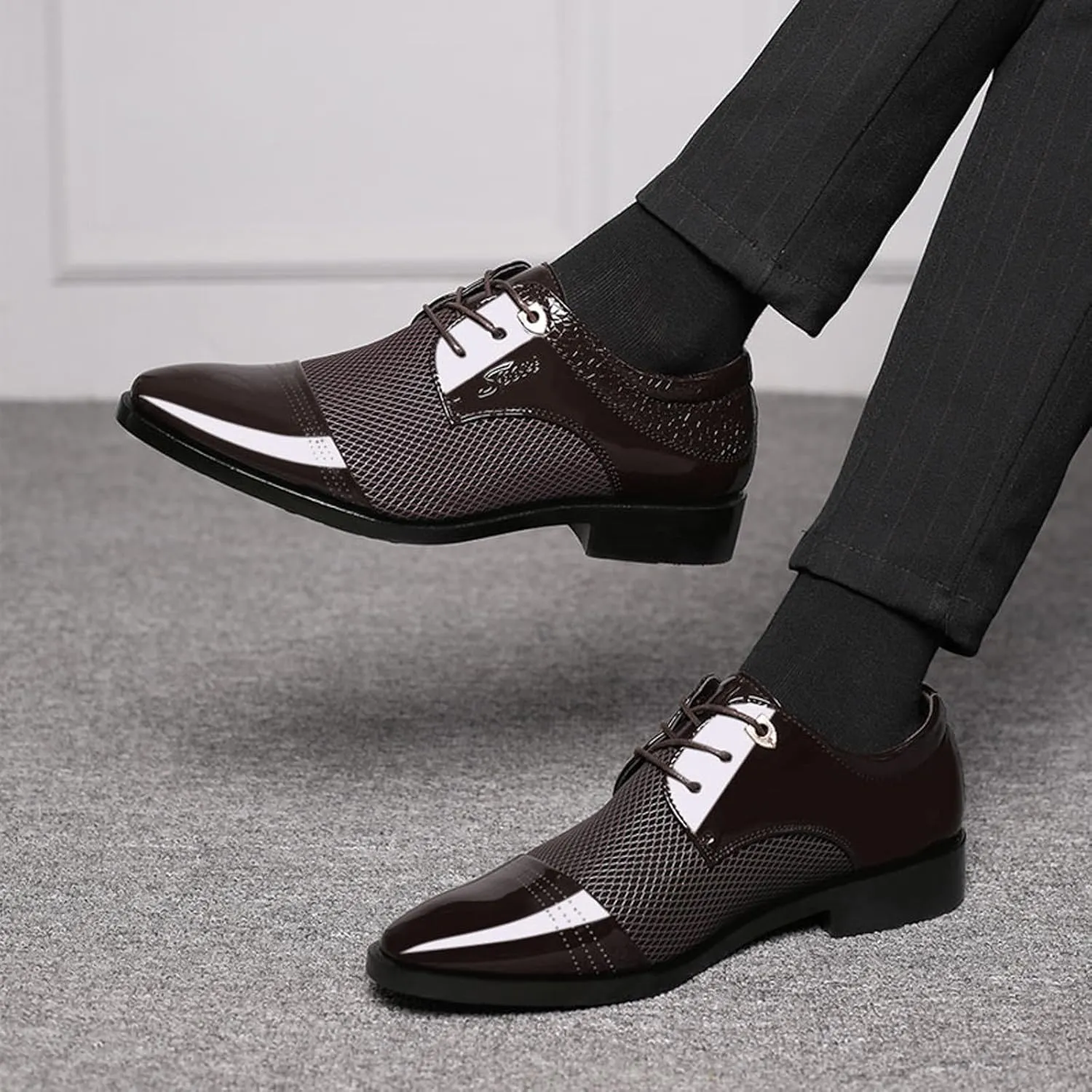 Men's Summer Dress Shoes with Breathable Mesh Casual Business Dress Shoes Summer Breathable Oxfords Men Lace Up Fashion Leather Shoe Comfortable Arch Support Walking Leather Derby Shoe