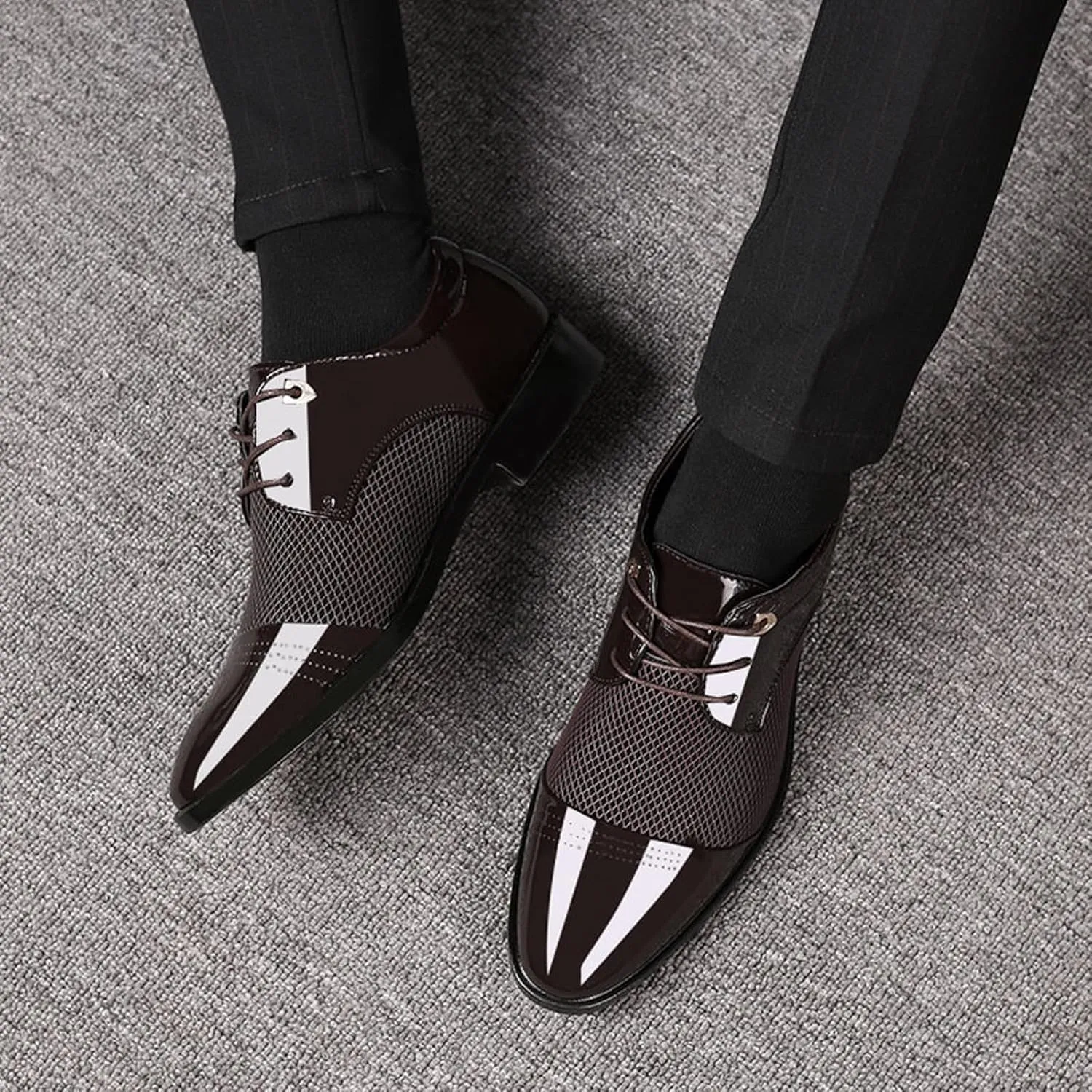 Men's Summer Dress Shoes with Breathable Mesh Casual Business Dress Shoes Summer Breathable Oxfords Men Lace Up Fashion Leather Shoe Comfortable Arch Support Walking Leather Derby Shoe