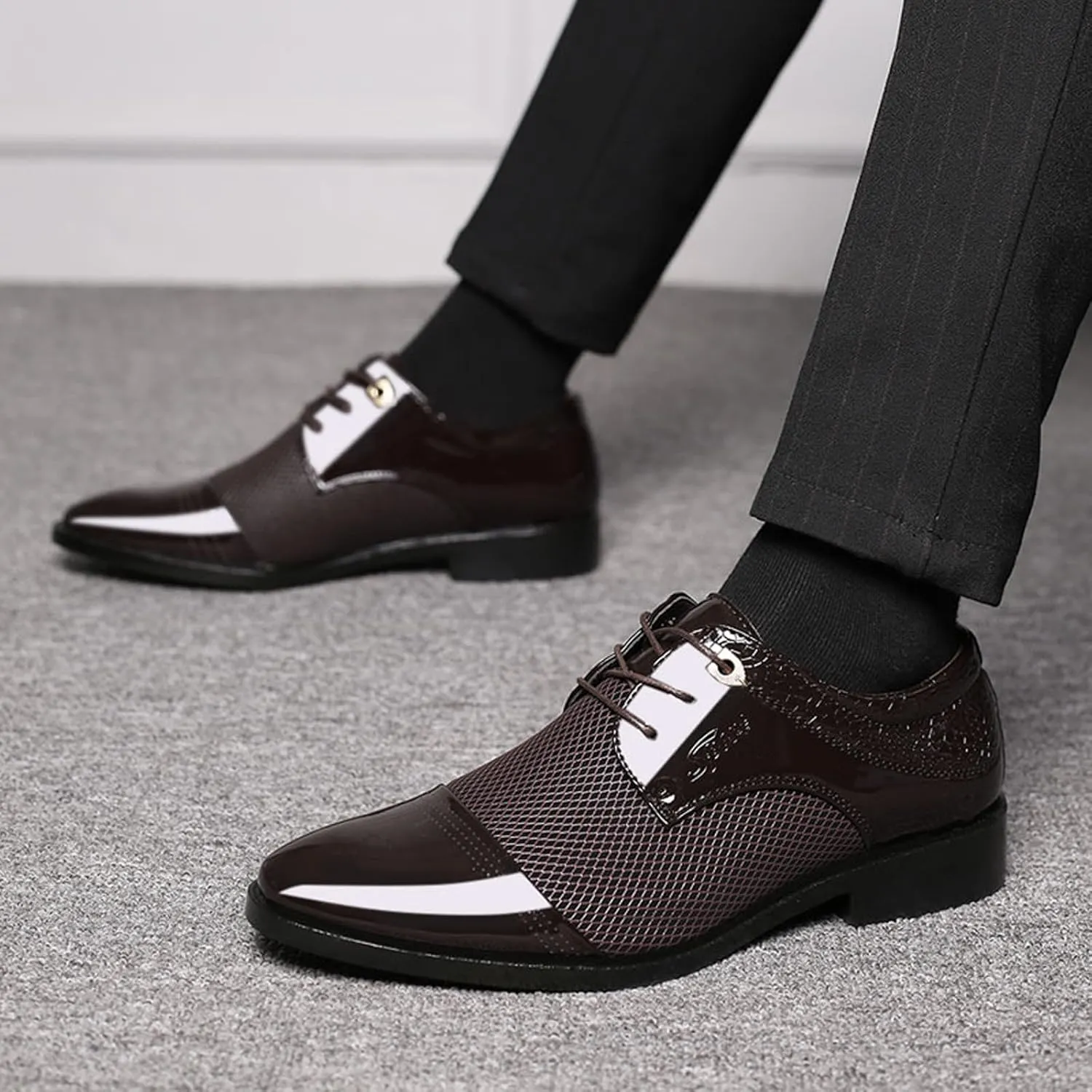 Men's Summer Dress Shoes with Breathable Mesh Casual Business Dress Shoes Summer Breathable Oxfords Men Lace Up Fashion Leather Shoe Comfortable Arch Support Walking Leather Derby Shoe