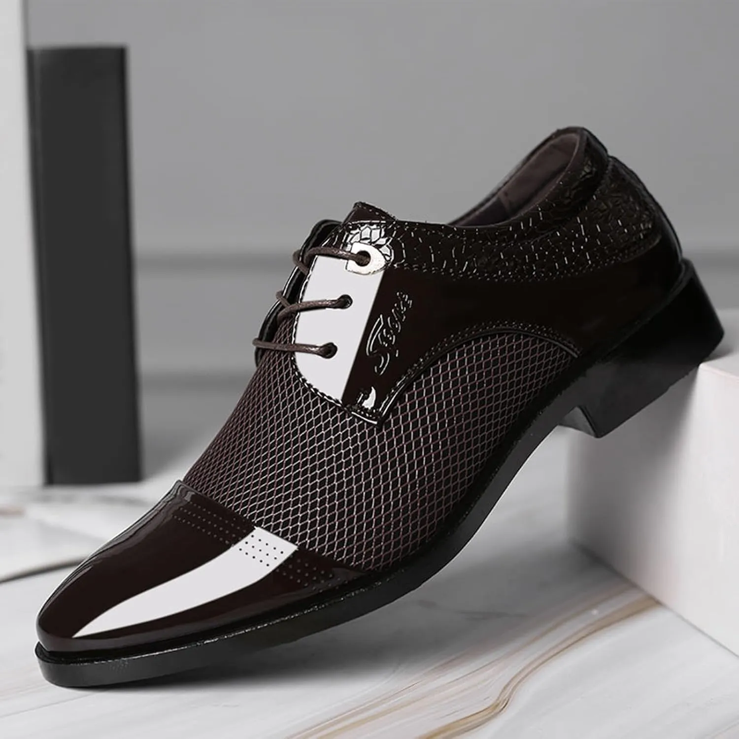 Men's Summer Dress Shoes with Breathable Mesh Casual Business Dress Shoes Summer Breathable Oxfords Men Lace Up Fashion Leather Shoe Comfortable Arch Support Walking Leather Derby Shoe