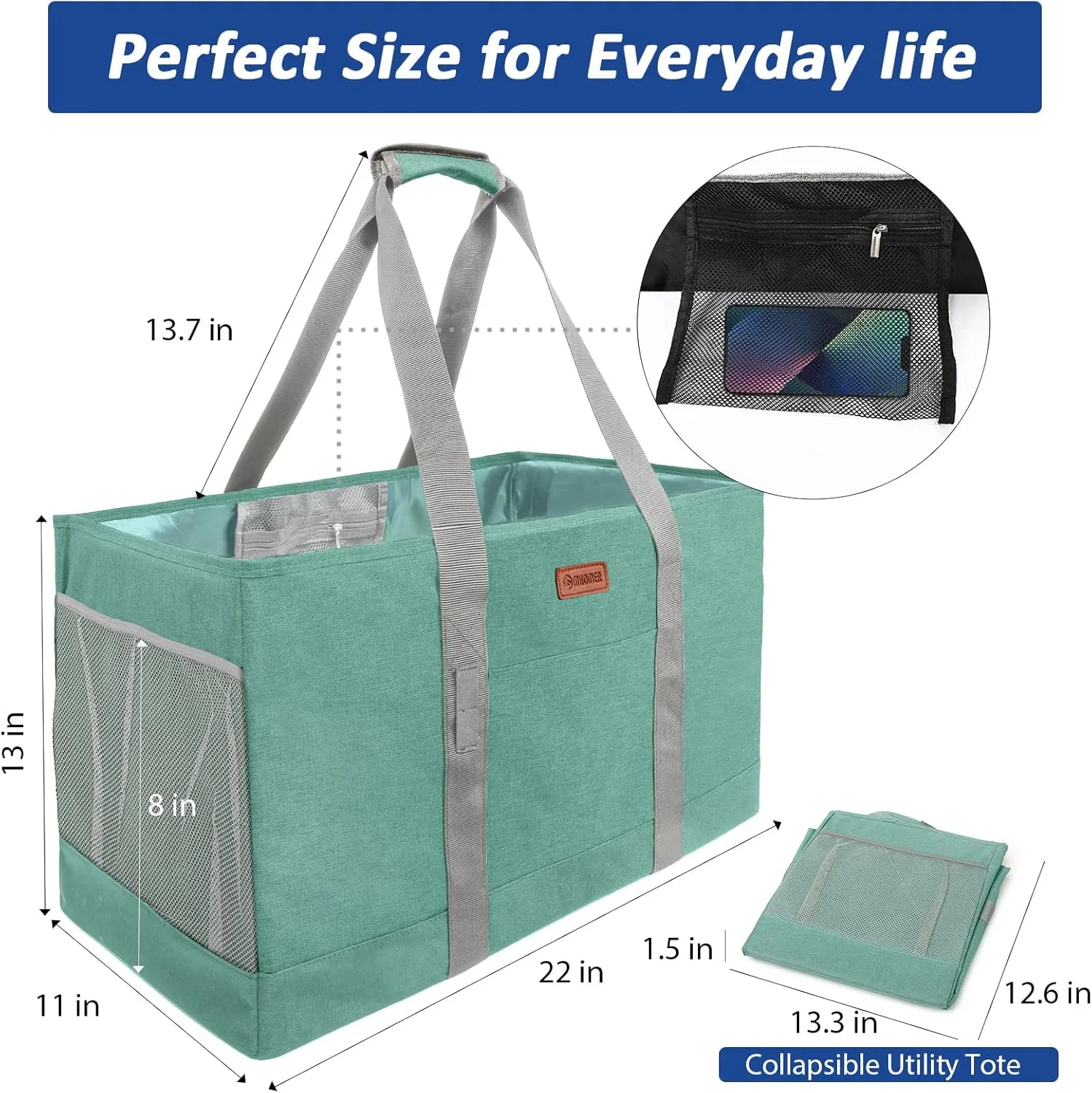 MHOMER Reusable Grocery Bags Extra Waterproof Large Utility Tote Bag with Carrying Handles Foldable Shopping Bags for Storage Space Saving Reinforced Bottom Durable Oxford Fabric Green