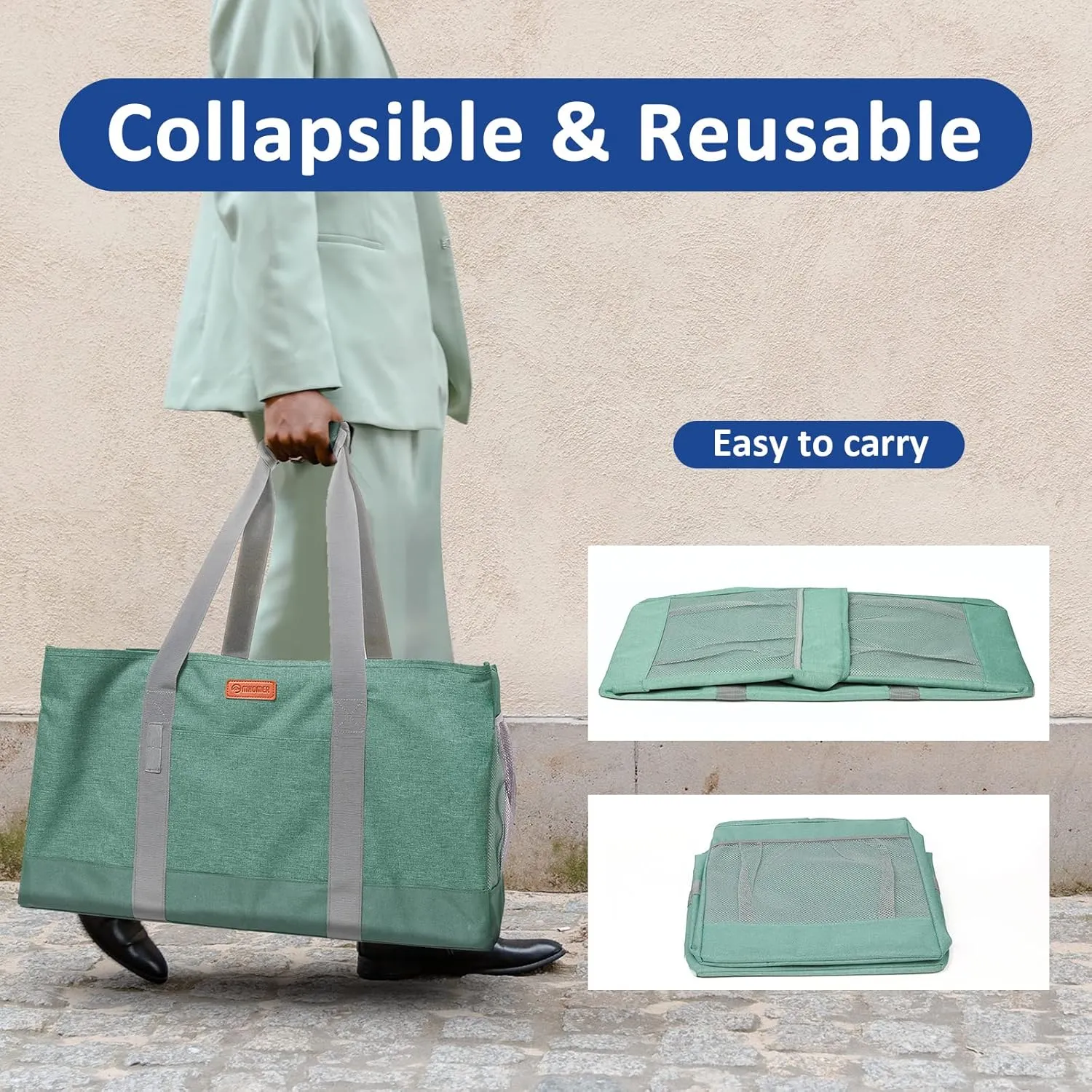 MHOMER Reusable Grocery Bags Extra Waterproof Large Utility Tote Bag with Carrying Handles Foldable Shopping Bags for Storage Space Saving Reinforced Bottom Durable Oxford Fabric Green