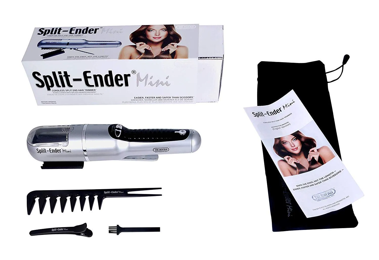 Mini - The Original Cordless Split End Hair Trimmer Automatic 3 AAA Battery Home Care Clipper 2-in-1 for Dry Damaged Splitting Broken Brittle Straight Curly Frizzy Beauty Styling - Silver