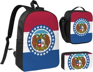 Missouri State Flag print 3PCS Backpack for Men Women Aesthetic 17 Inches Bookbag with Lunch Box Pencil Bag